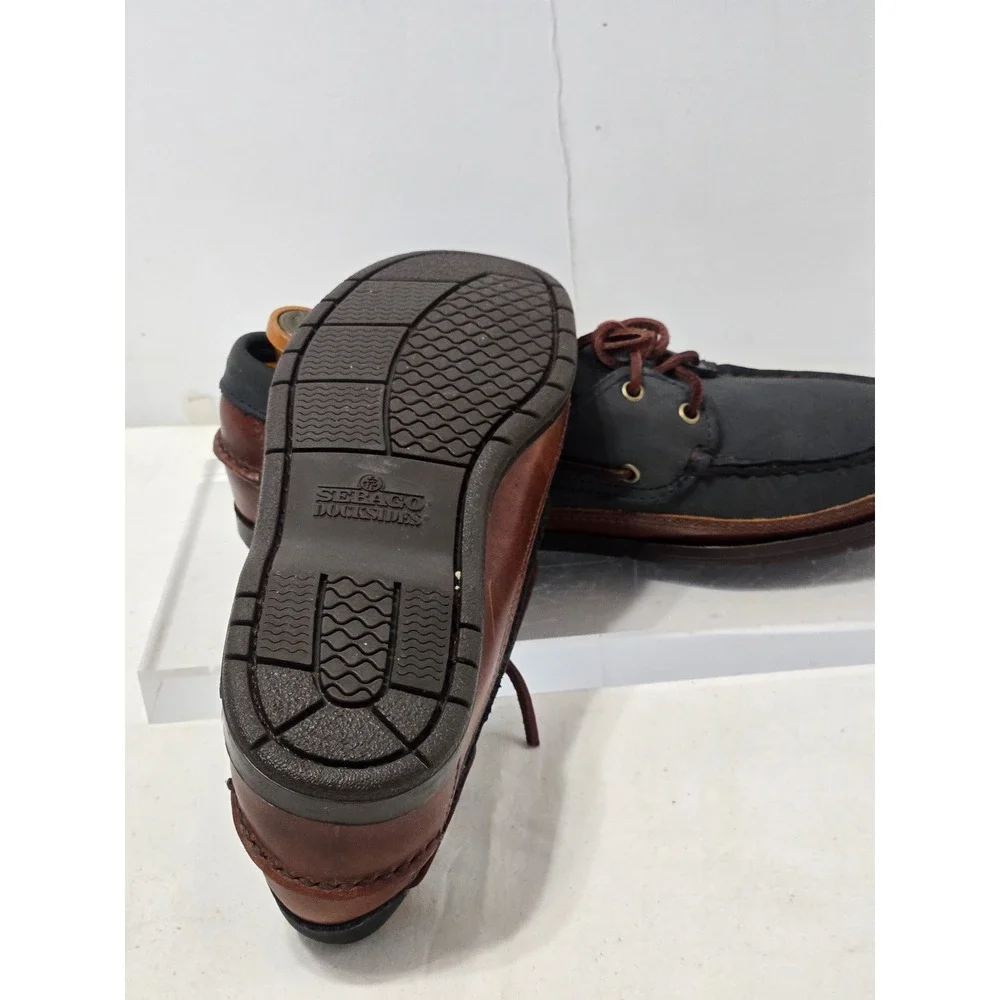 Sebago Docksides Mens Navy Blue Brown Leather Boat Shoes Nautical Loafers